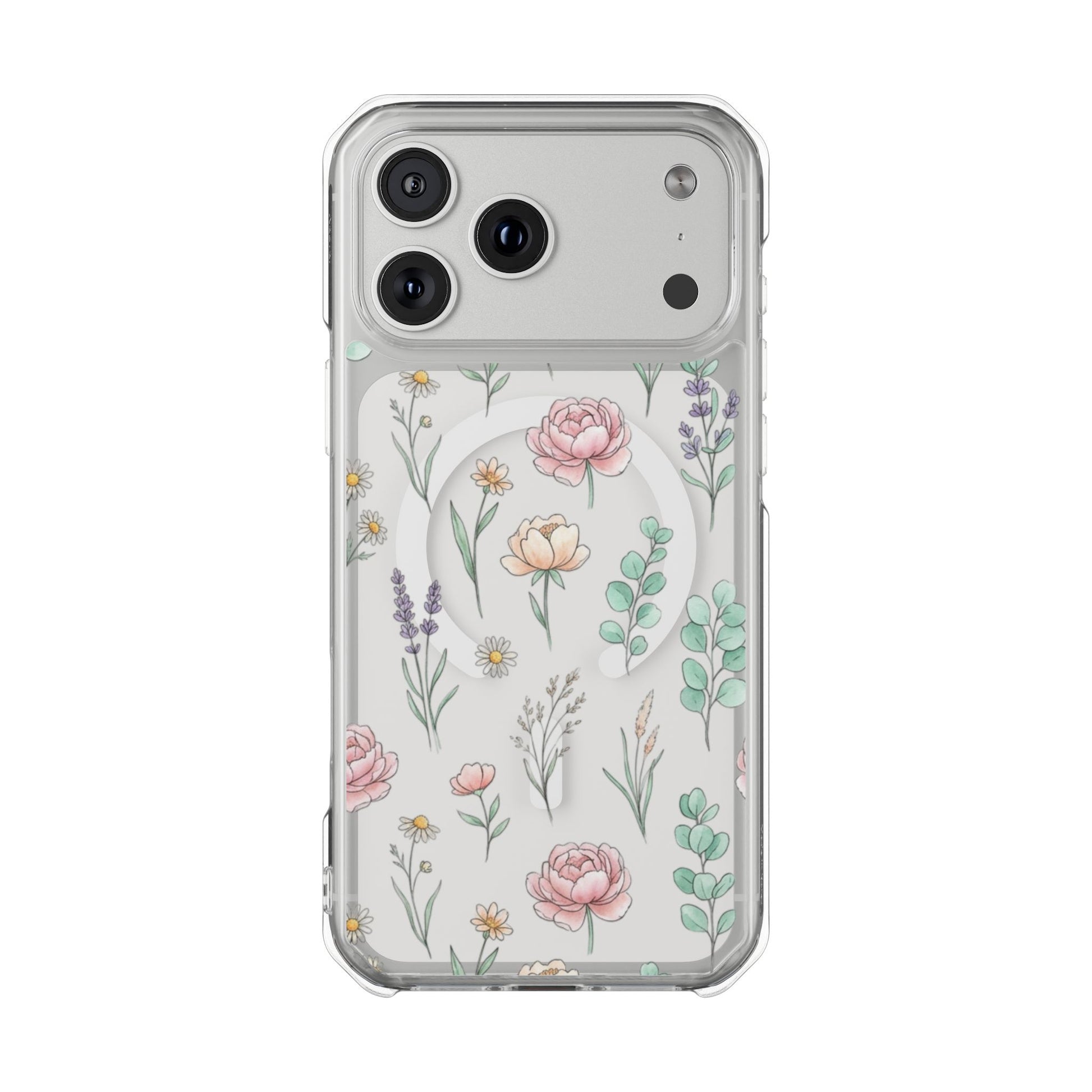 Floral Clear Magnetic Phone Case Pink Rose – iPhone 17 Air full case view showing flower pattern