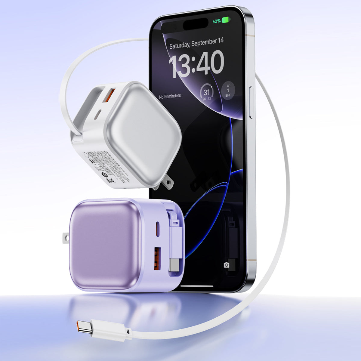 POWER LOOP Ultra-Fast 35W Retractable Wall Charger with retractable USB-C cable and dual charging ports with phone