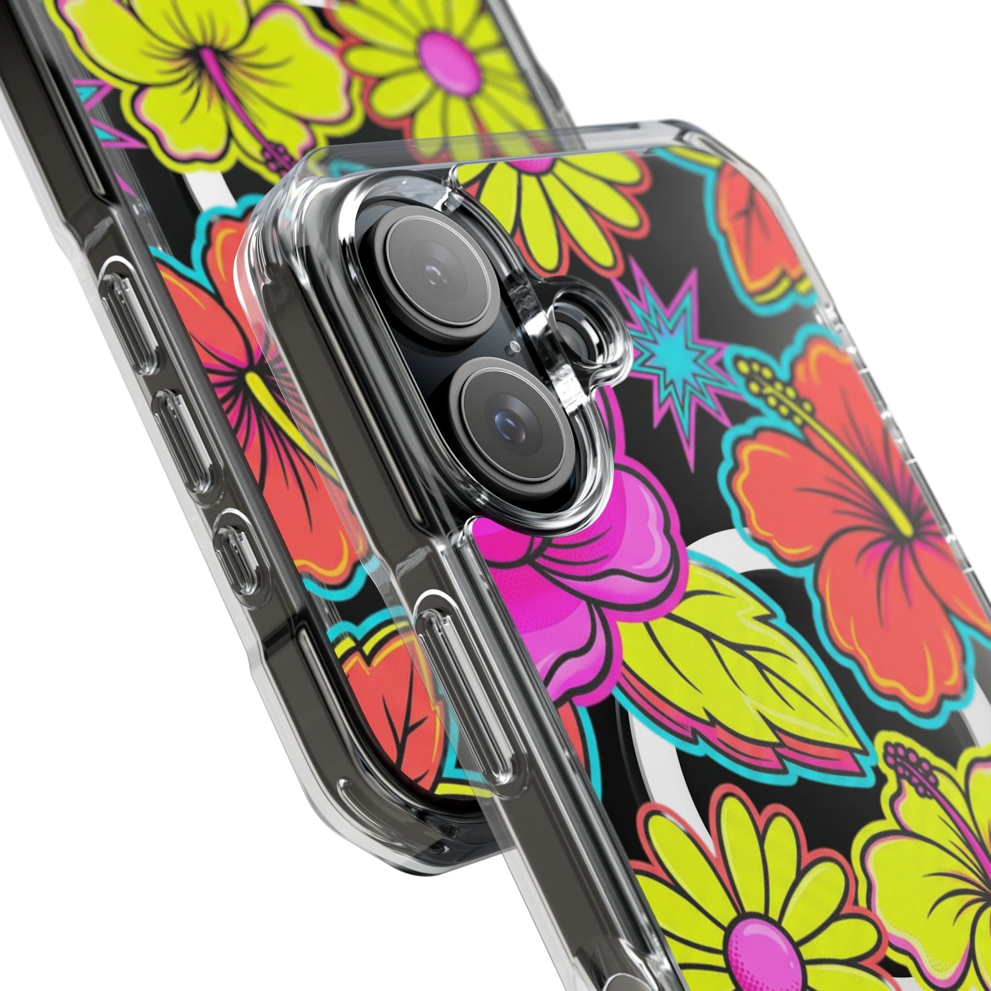 Clear Magnetic Phone Case Neon Hawaiian Floral – case and phone rear view showing print clarity