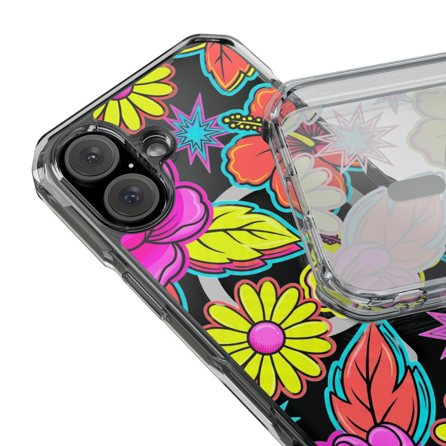 Clear Magnetic Phone Case Neon Hawaiian Floral – flexible TPU sides and rigid polycarbonate back