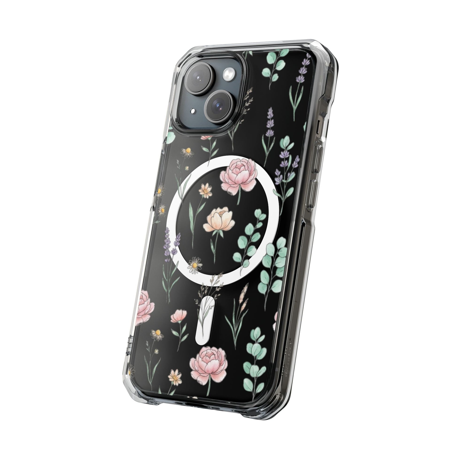 Floral Clear Magnetic Phone Case Pink Rose – iPhone 16 Pro Max lifestyle flat lay view