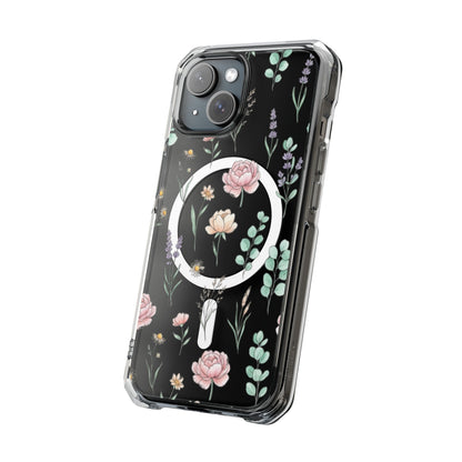 Floral Clear Magnetic Phone Case Pink Rose – iPhone 16 Pro Max lifestyle flat lay view