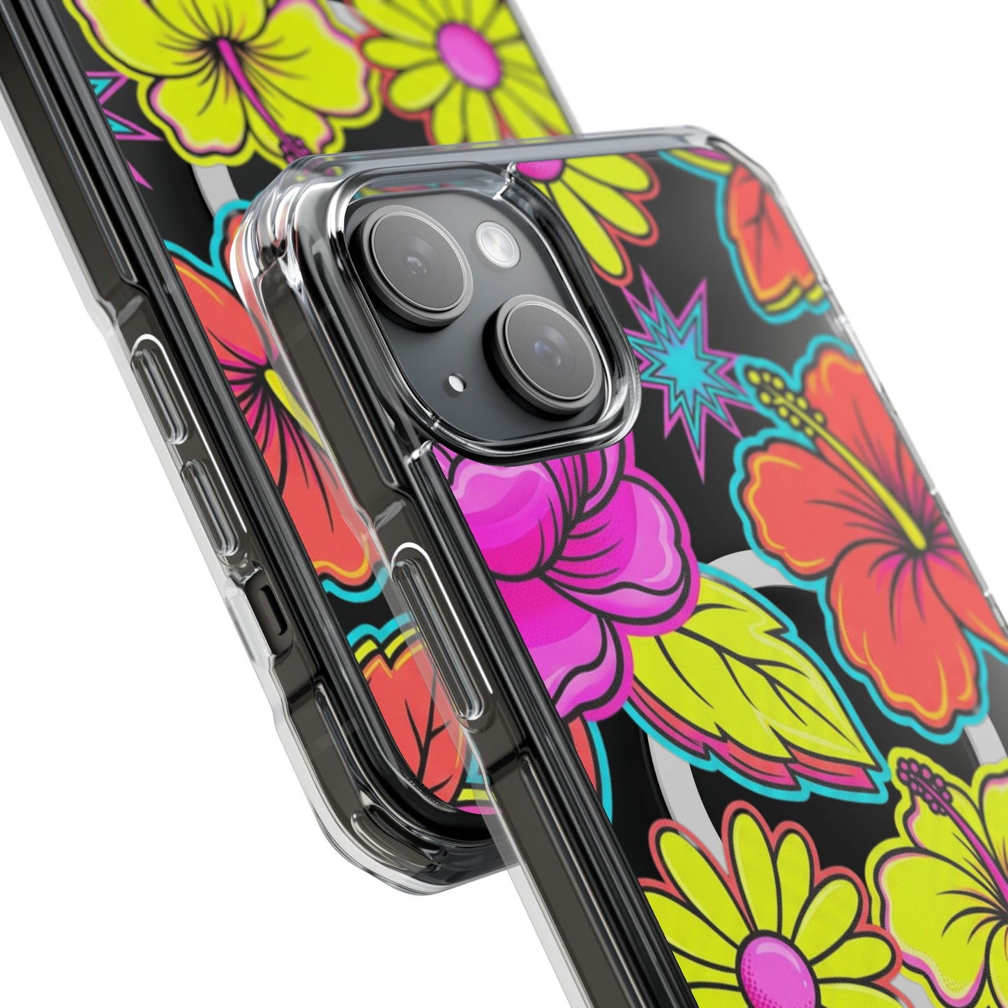 Clear Magnetic Phone Case Neon Hawaiian Floral – iPhone 15 Pro slim fit profile view