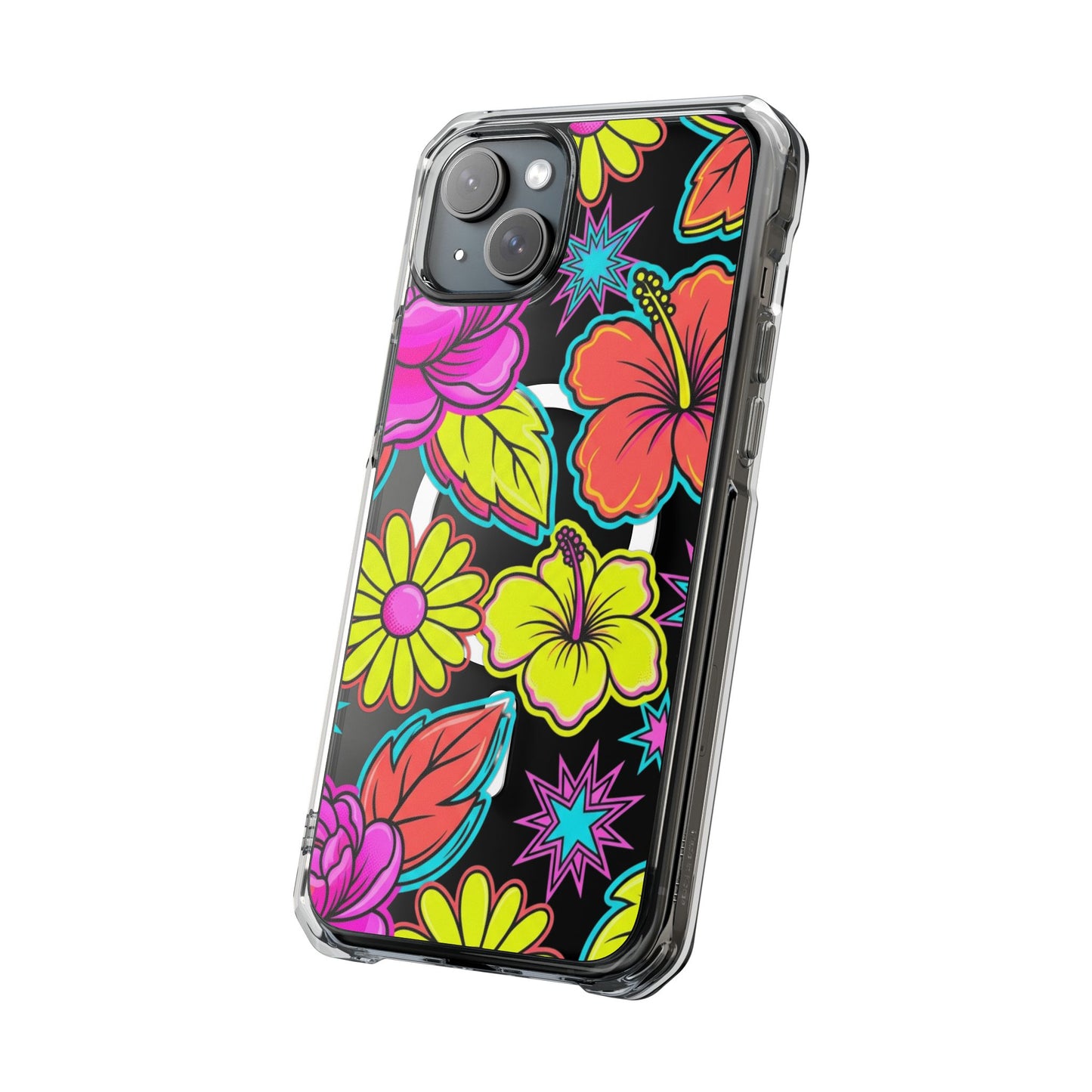 Clear Magnetic Phone Case Neon Hawaiian Floral – vibrant neon flower print close-up detail