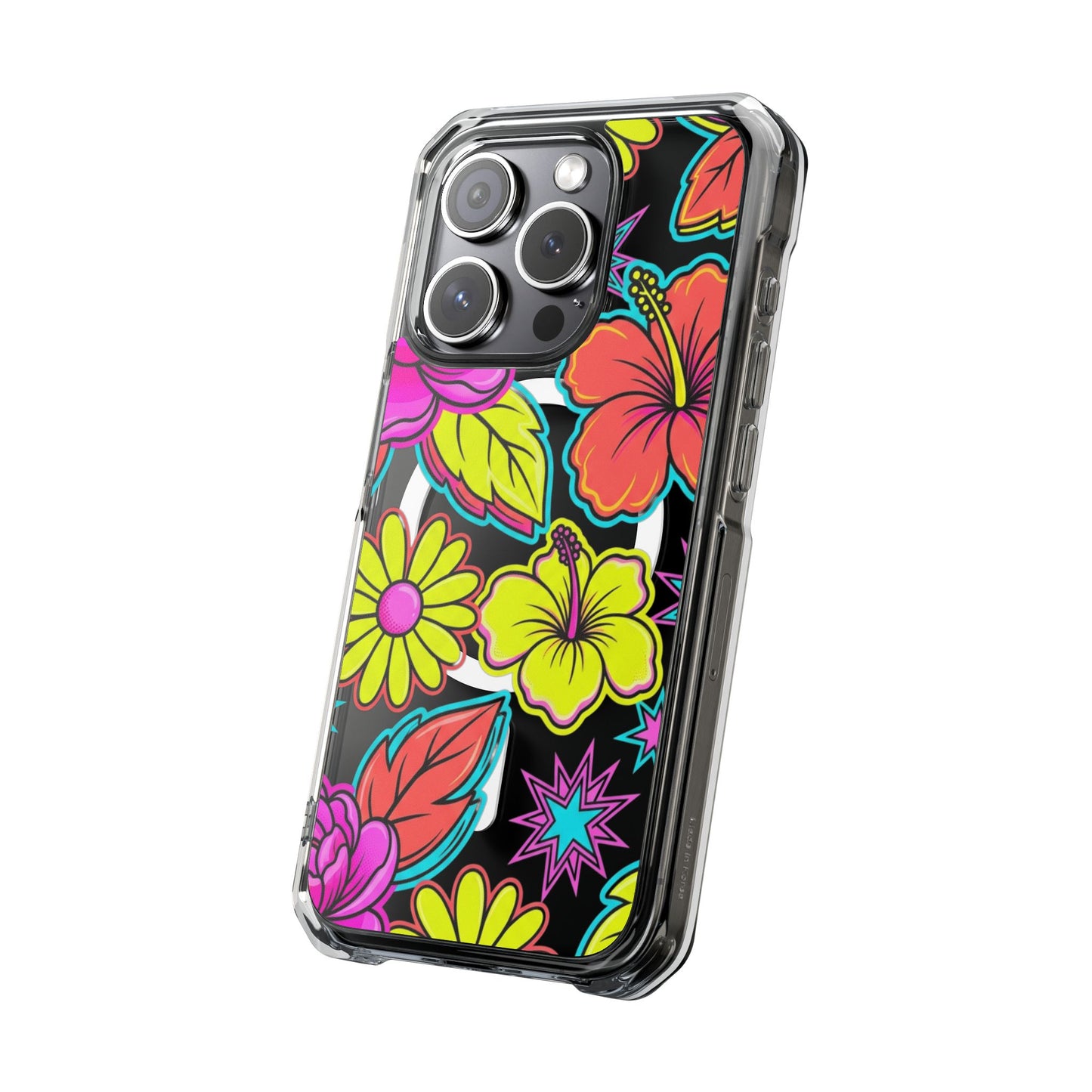 Clear Magnetic Phone Case Neon Hawaiian Floral – MagSafe charger snapping to case magnets