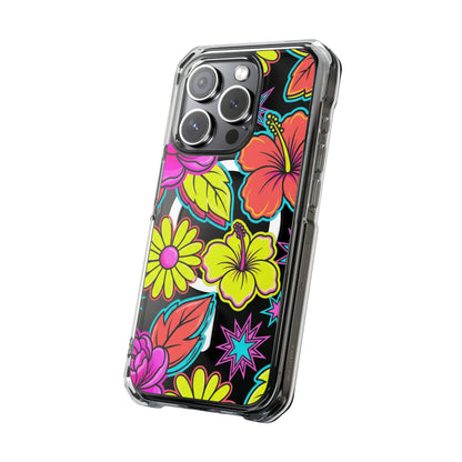 Clear Magnetic Phone Case Neon Hawaiian Floral – MagSafe charger snapping to case magnets