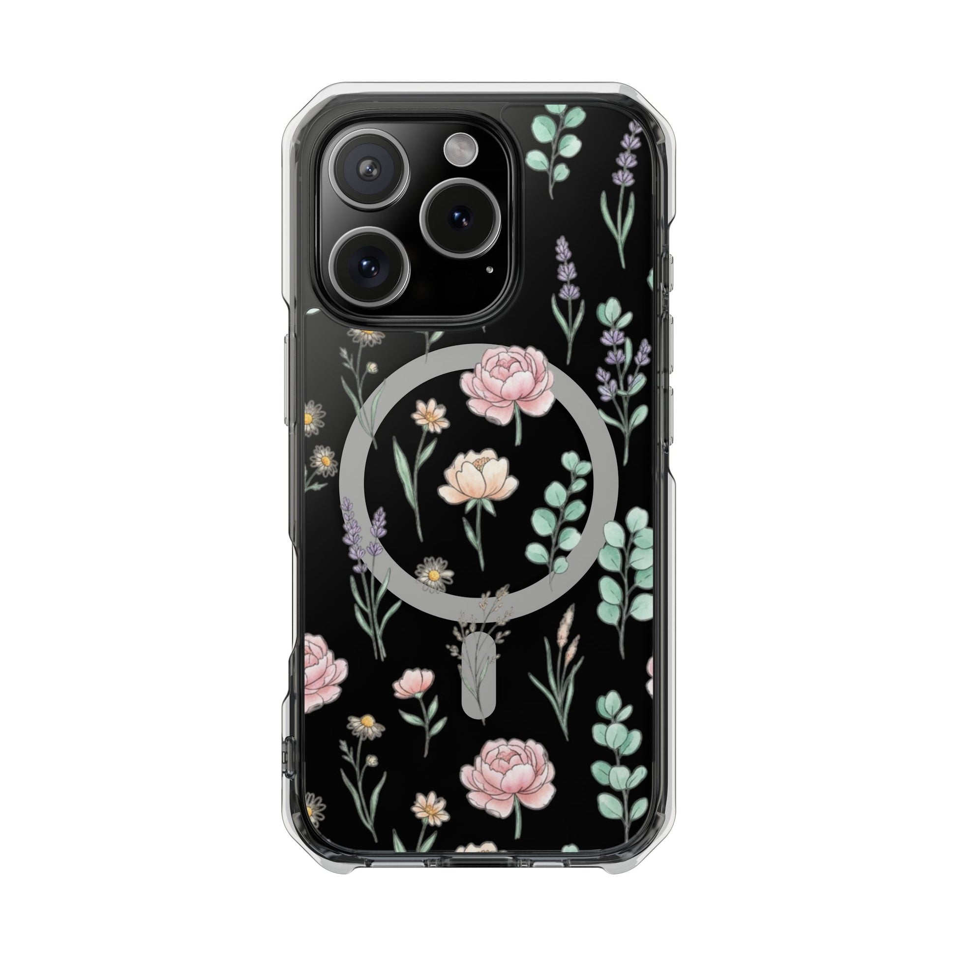 Floral Clear Magnetic Phone Case Pink Rose – iPhone 15 Pro slim profile view transparent back