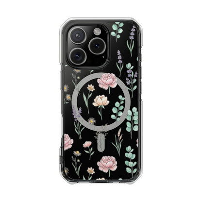 Floral Clear Magnetic Phone Case Pink Rose – iPhone 15 Pro slim profile view transparent back
