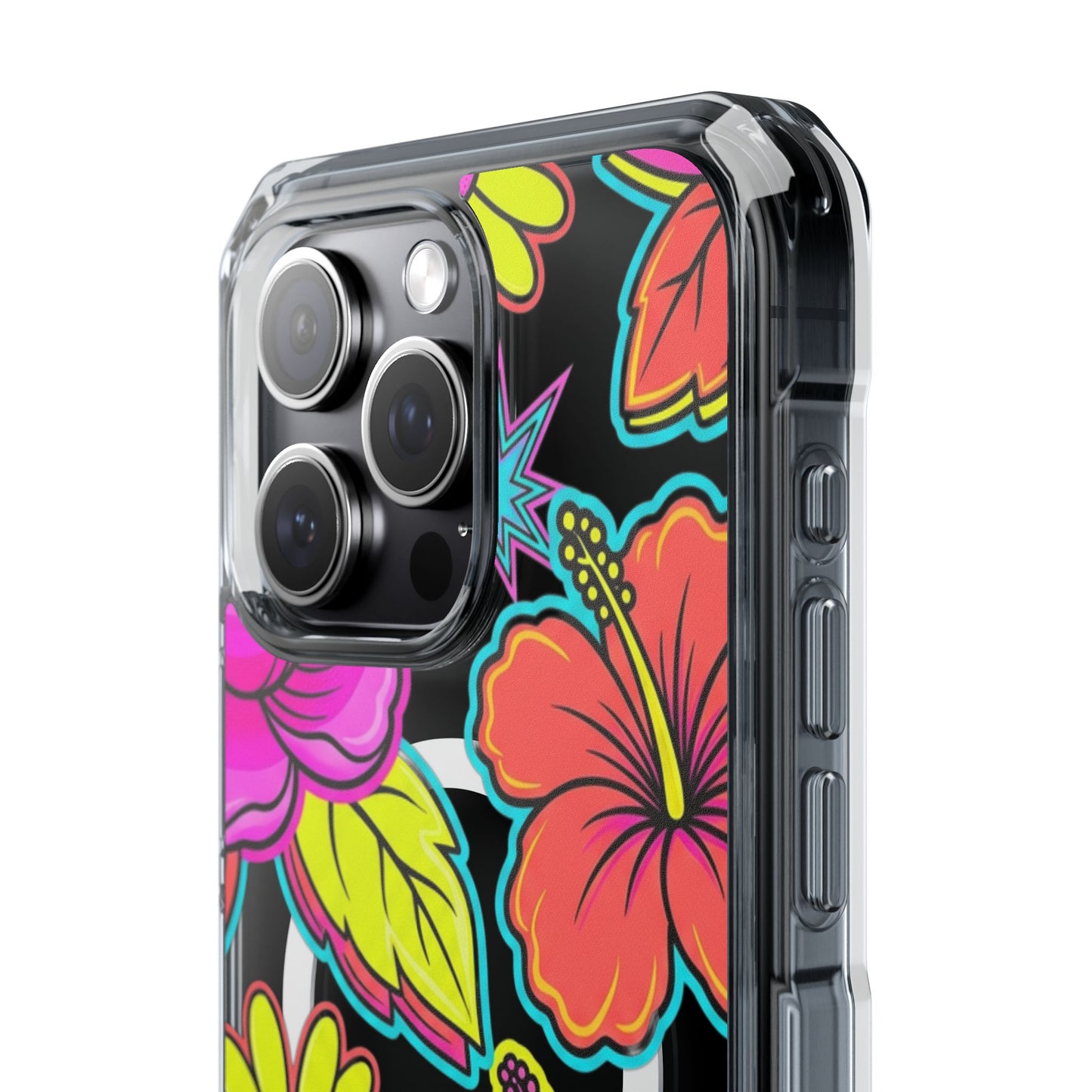 Clear Magnetic Phone Case Neon Hawaiian Floral – tropical beach lifestyle flat lay