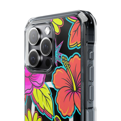Clear Magnetic Phone Case Neon Hawaiian Floral – tropical beach lifestyle flat lay
