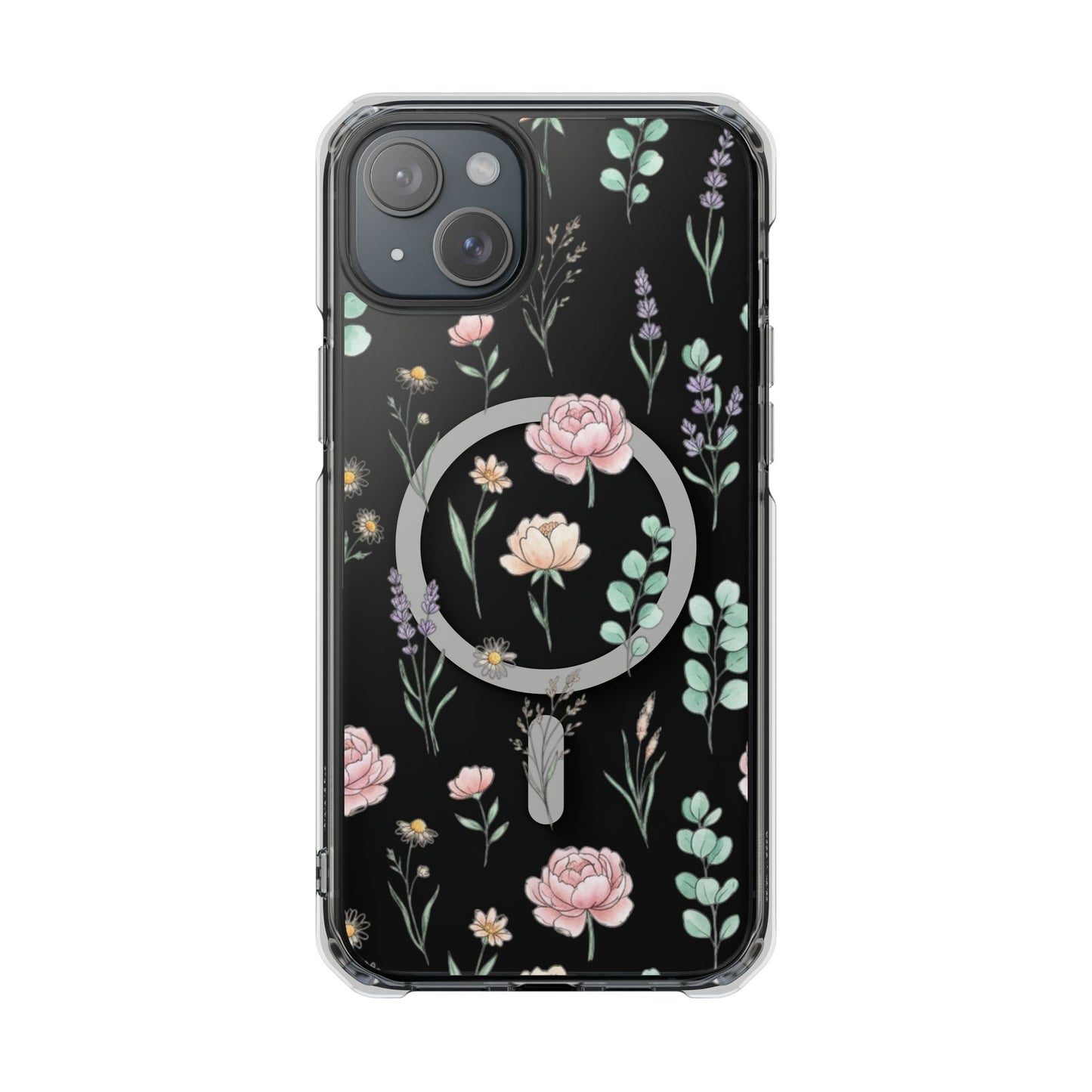 Floral Clear Magnetic Phone Case Pink Rose – iPhone 16 side view flexible TPU bumper detail