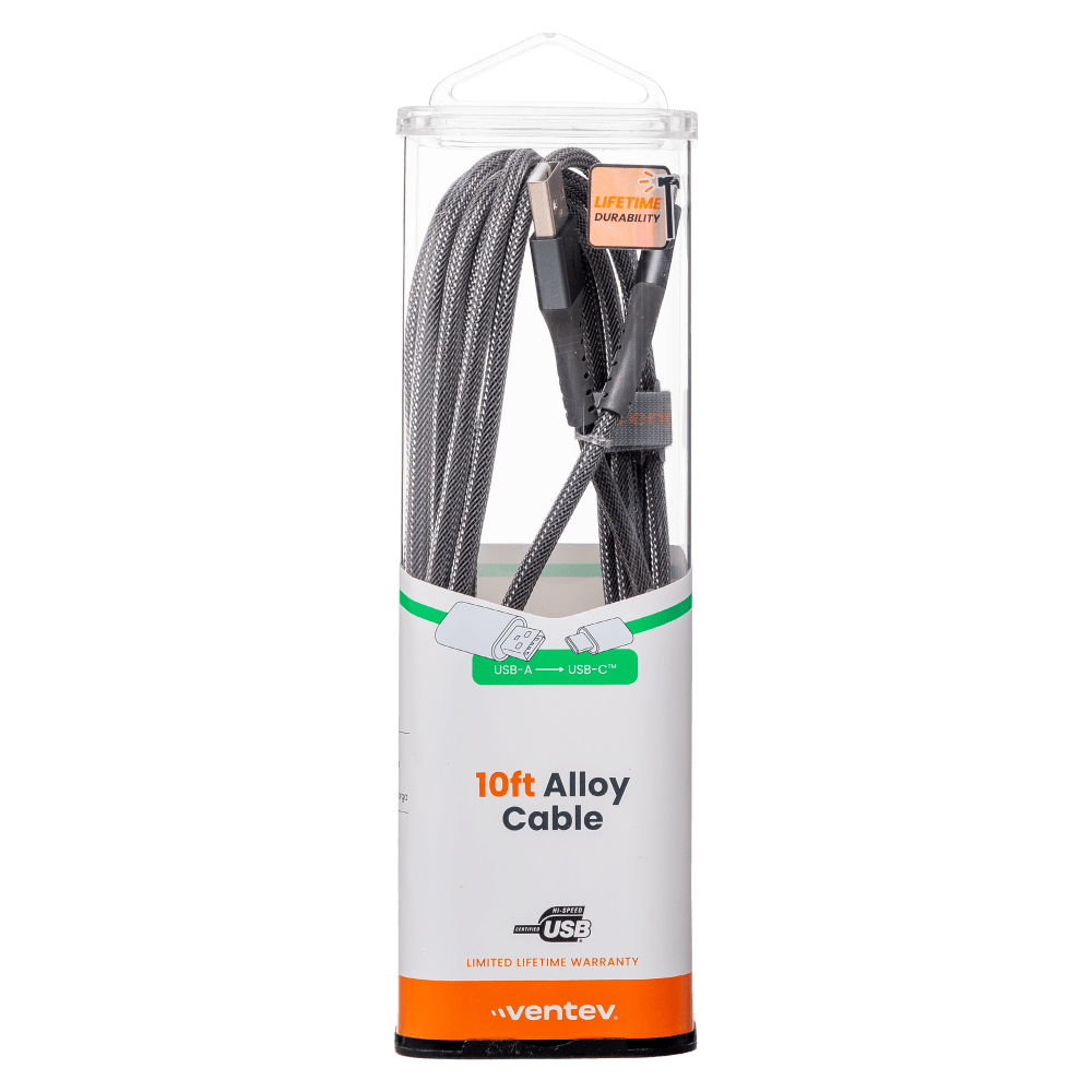 Ventev ChargeSync Alloy USB-A to USB-C cable 10ft silver front packaging 