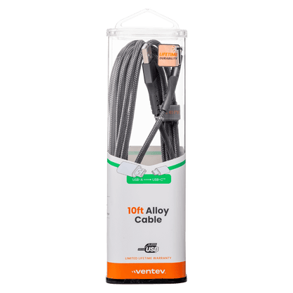Ventev ChargeSync Alloy USB-A to USB-C cable 10ft silver front packaging 