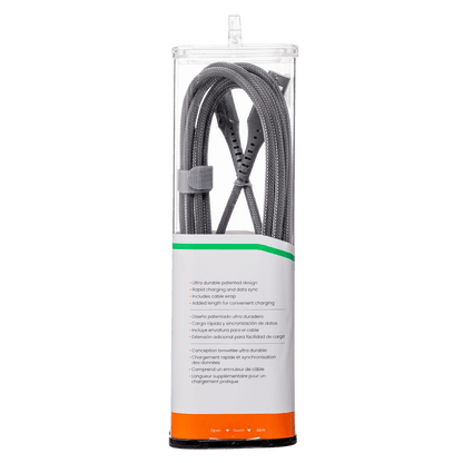 Ventev ChargeSync Alloy USB-A to USB-C cable 10ft silver back packaging 