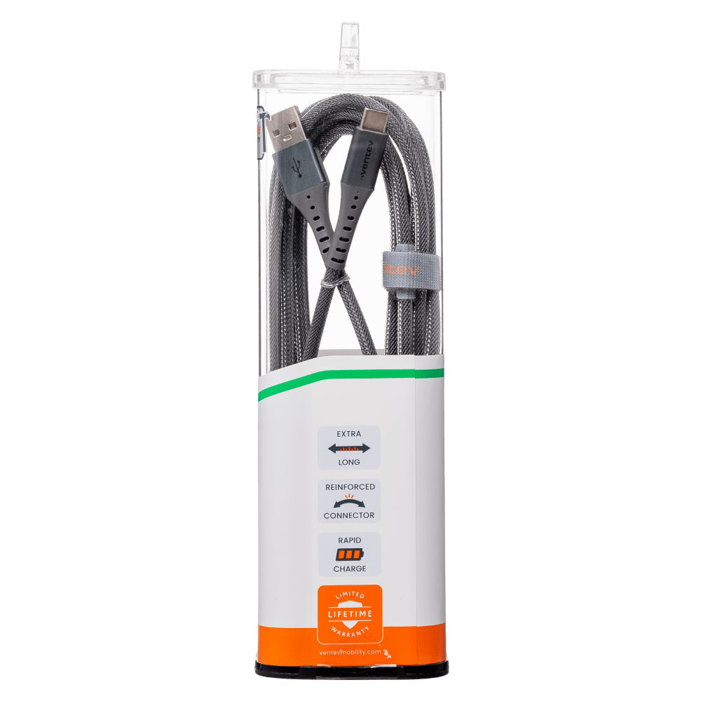 Ventev ChargeSync Alloy USB-A to USB-C cable 10ft silver left side packaging 