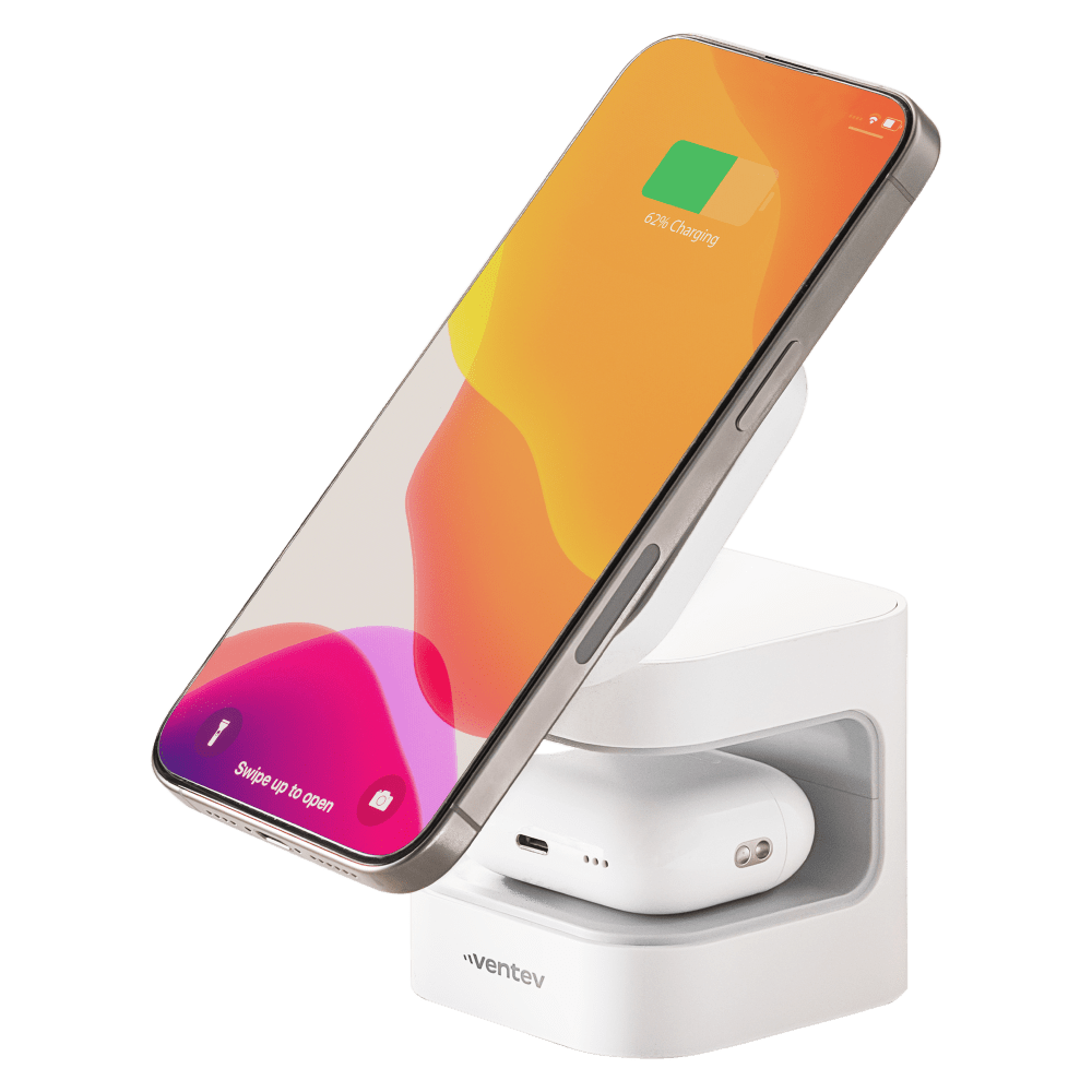 Ventev Qi2 15W 2-in-1 Wireless Charging Cube open with phone