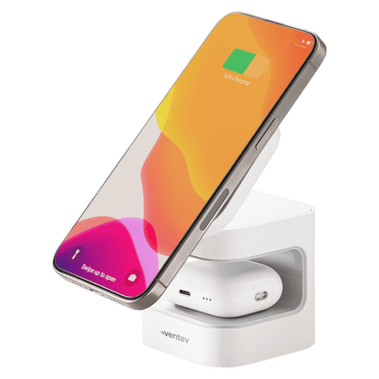 Ventev Qi2 15W 2-in-1 Wireless Charging Cube open with phone