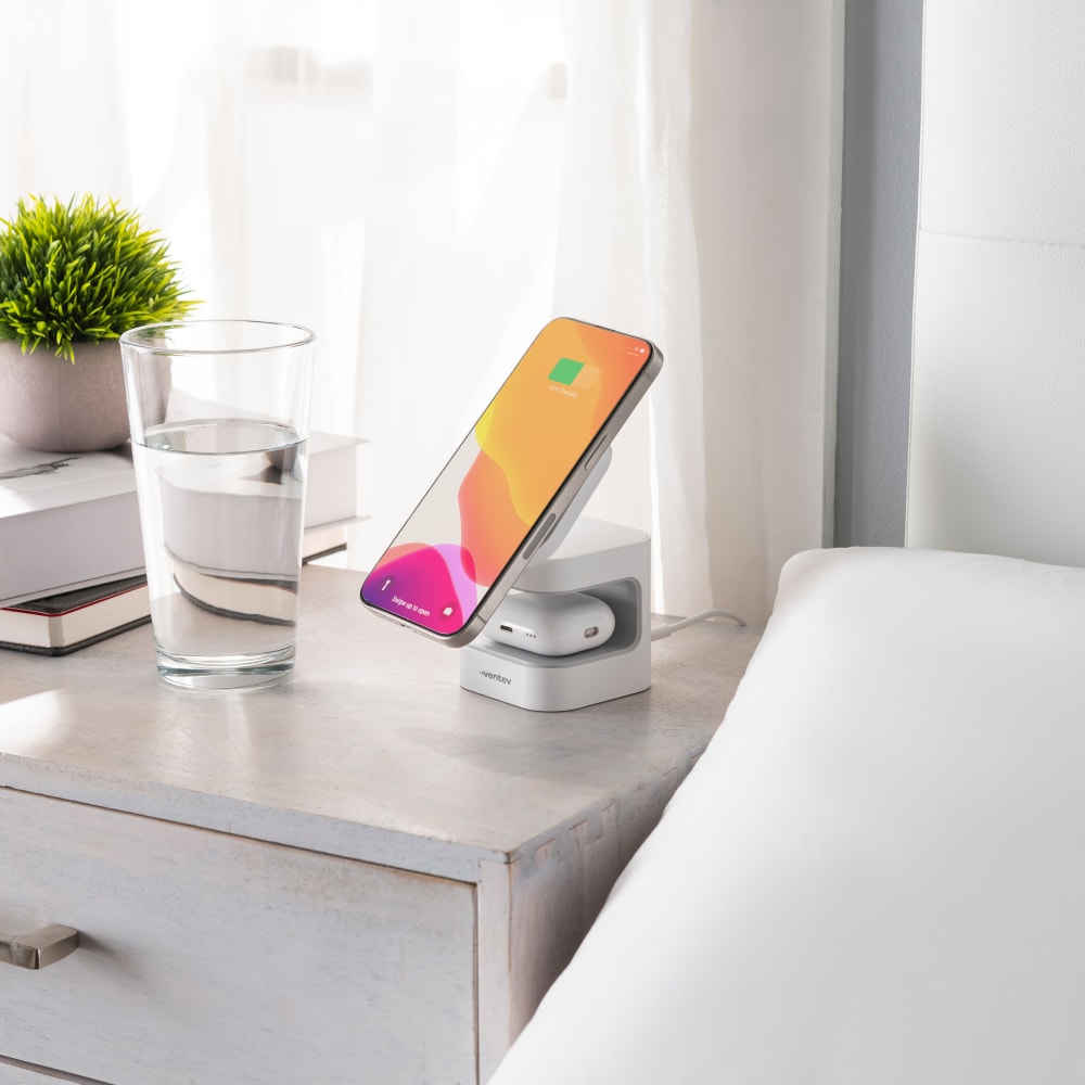 Ventev Qi2 15W 2-in-1 Wireless Charging Cube nightstand open with phone
