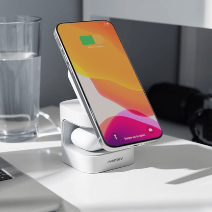 Ventev Qi2 15W 2-in-1 Wireless Charging Cube nightstand with phone 