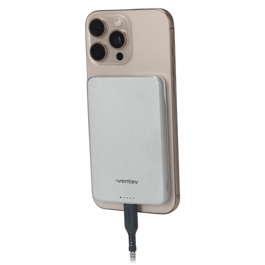 Ventev 5K mAh Qi2 Wireless ULTRAFAST Portable Magnetic Battery on iPhone plugged in