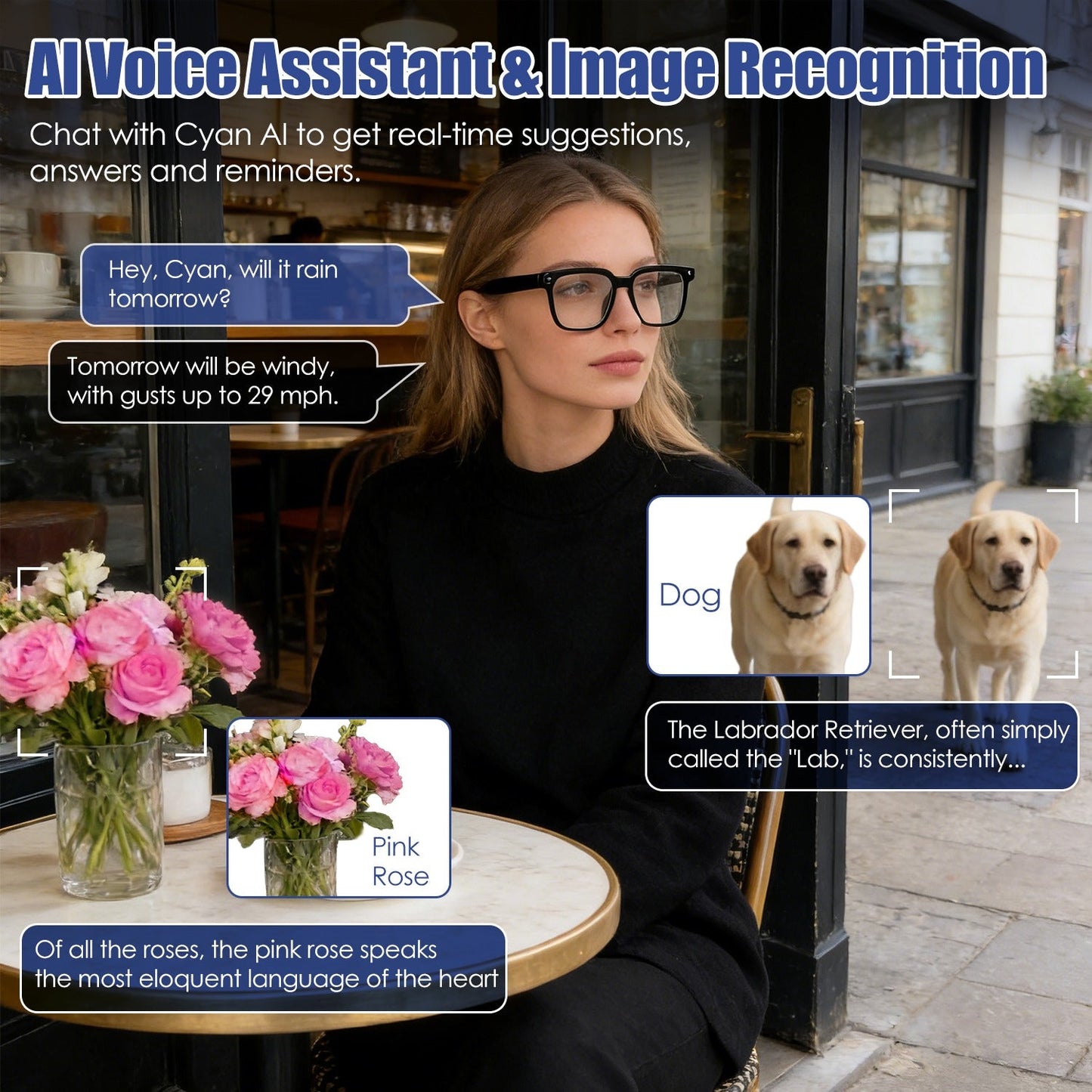 AI Smart Glasses with 139-language real-time translation feature highlighted