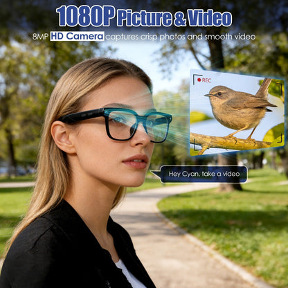 AI Smart Glasses in black showing WiFi transfer and open-ear speaker placement