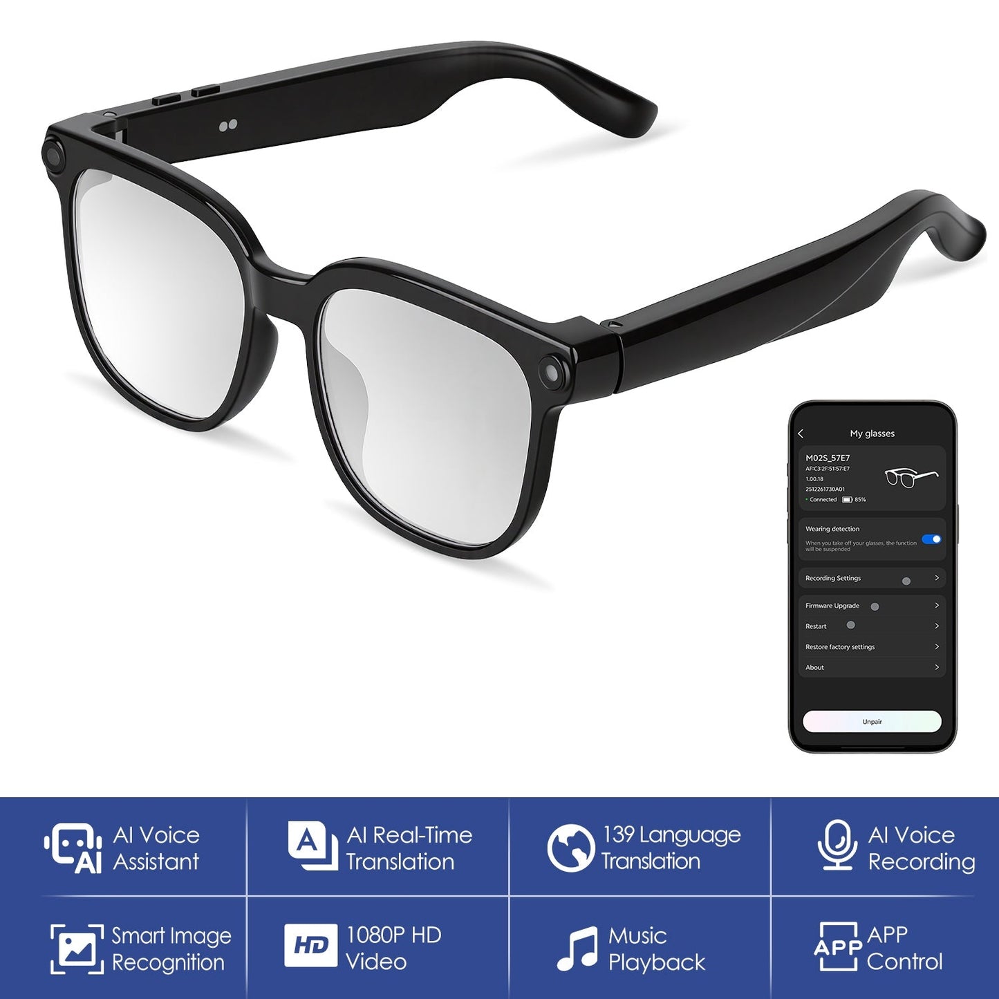 AI Smart Glasses with 1080P camera and voice assistant in black – front view