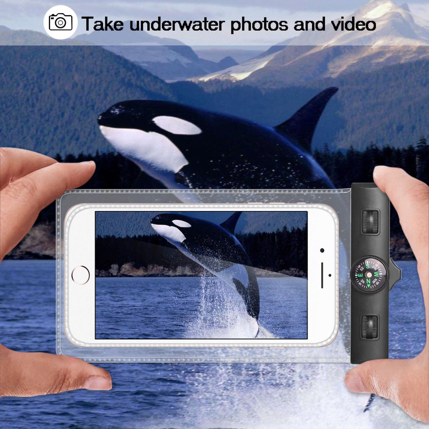 AQUA POUCH waterproof pouch with smartphone inside showing touch screen access