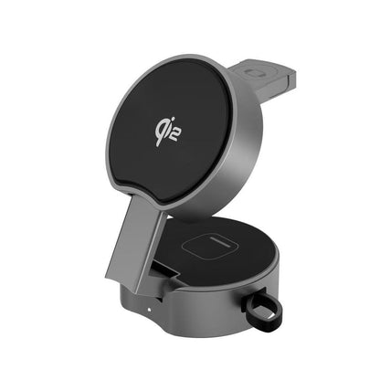 Gray and black phone mount with Qi logo on a white background