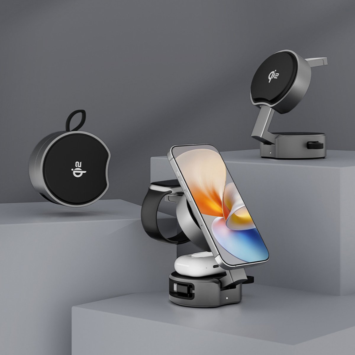 Smartphone with a wireless charging stand and a black circular device on a gray background