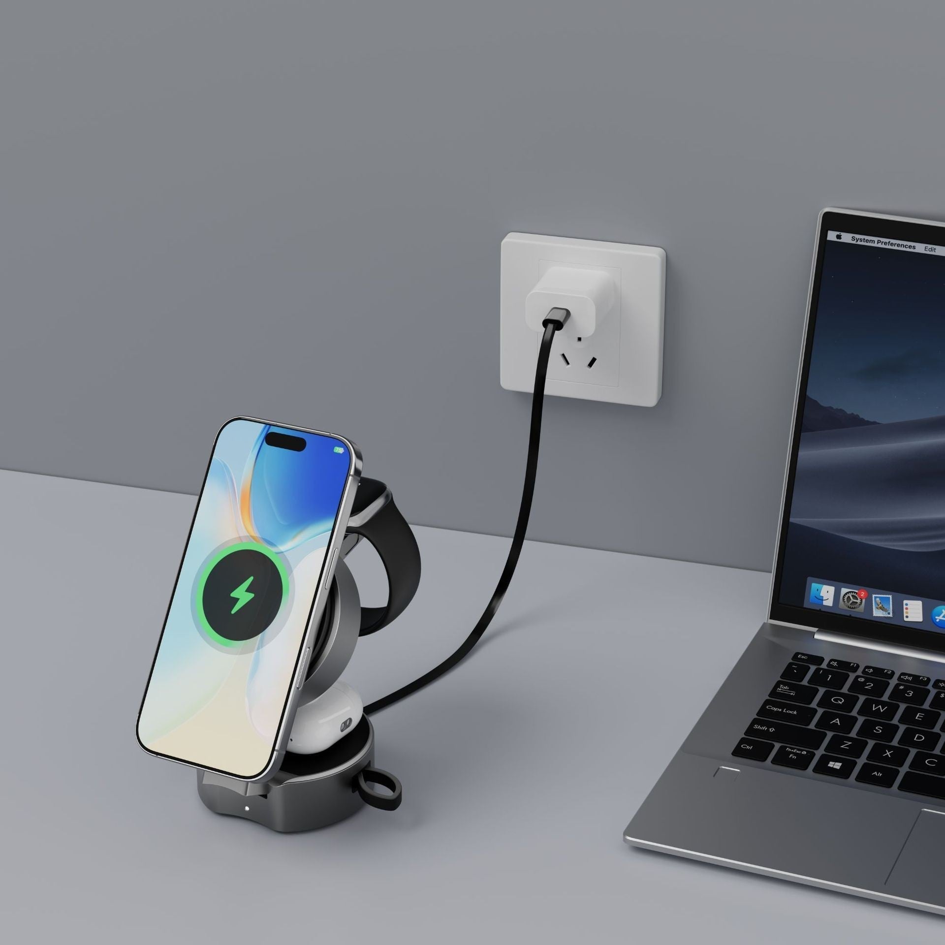 ApexCharge Station Qi2 15W Magnetic 3-in-1 wireless charger. plugged in